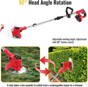 Cordless Electric Grass Strimmer 48V – 2 Batteries, Adjustable Metal Blades, Telescopic Lightweight Trimmer with Roller, Red