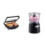 Hamilton Beach 25410c Panini Press and Indoor Grill, Chrome/Black & Electric Vegetable Chopper & Mini Food Processor, 3-Cup, 350 Watts, for Dicing, Mincing, and Puree, Black (72850)