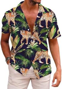 KYKU Tiger Button Up Shirt Hawaiian Tee Shirts for Men with Pockets, Green Palm Leaves, XL