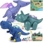 ThinkMax Magnetic Dinosaur Toys for Kids, Take Apart toys with Light, Roar Sound, Play Mat & Painting Kit, Kids Trex Christmas Birthday Gifts for Boys Girls 2 3 4 5 Year Old, Medium, Green Blue Purple