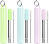 FYY Reusable Straws - 3 Pack Collapsible Stainless Steel Straws with Cleaning Brush & Silicone Tips Portable Travel Telescopic Drinking Straws with Storage Case & Keychain Ring