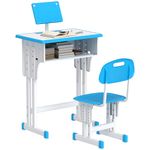 HOMCOM Kids Desk and Chair Set Adjustable Height Study Table Set w/Drawer, Book Stand, Pen Slot - Blue