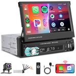 Wireless Single Din Apple Carplay Car Stereo with Android Auto,Podofo 7 inch Flip Out Touch Screen Bluetooth Car Radio with Dual USB-A/AUX/TF/USB-C Ports, FM, SWC, MirrorLink, Backup Camera, Remote