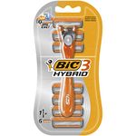 BIC 3 Hybrid , Men's Triple-Blade Razors for Men, Long Curved Handle for Easy Grip, Pack with 1 Handle and 6 Refills