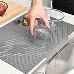 PANCA Dish Drying Mat for Kitchen Silicone Mat for Utensils Drying Organiser- Large Size with Built in Drain Lip Protects Countertops, Prevents Water Buildup (Silver, Set of 1)