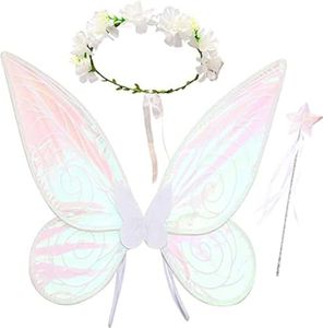 JeVenis Fairy Party Supplies Fairy Wings for Girls Princess Butterfly Costume Wings Fairy Wand Fairy Headband Floral Headband Crown Fairy Party Favors White