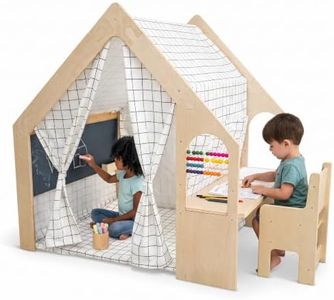 Avenlur Flair - 5 in 1 Indoor Playhouse with Desk Table, Chair, Chalkboard, Floor Cushion and Curtain Shades - Montessori and Waldorf Style for Ages 1 to 8 Years Old - (Large, Colorful Windowpane)