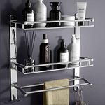 GLOXY ENTERPRISE Stainless Steel Double Layer Shelf with Towel Rod - Bathroom Shelves for Optimal Storage, with Sleek Chrome Finish - Durable Bathroom Accessories and Fittings (5D X 15W X 18H Inch)