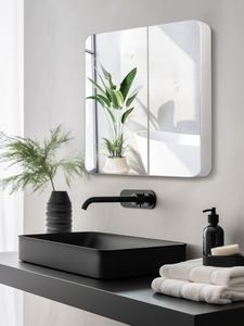 Avidanza Bathroom Mirror Medicine Cabinet, Round Corner Stainless Steel Framed Door, Aluminum & Advanced Customization PVC Cabinet with 2 Doors, Surface Mount, Grey, 23.5 x 27.5 inch