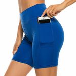 Boolavard Shorts for Women with Pockets – High Waisted Tummy Control Workout Yoga Running Gym Short Pants (L, Blue)