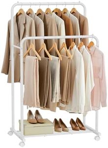 SONGMICS Double Rods Clothes Rack with Wheels, Clothing Rack for Hanging Clothes, Heavy Duty Garment Rack with Mesh Storage Shelf, 2 Brakes, Each Top Rail Holds up to 77 lb, White UHSR026W01