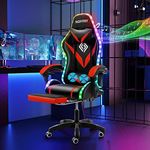 HOFFREE Gaming Chair Massage with Bluetooth Speakers and Led Lights Ergonomic Computer Gaming Chair with Footrest RGB Video Game Chair with High Back Lumbar Support Red and Black