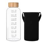 RNCKUUE Glass Water Bottles 64 OZ - Large Borosilicate Reusable Glass Drinking Bottle with Time Marker, Wide Mouth with Bamboo Lid