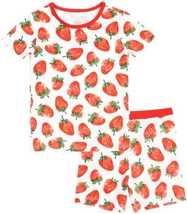 DREAMHALO Toddler Boys Girls Clothes-Viscose Made from Bamboo, Short Sleeve Tee with Shorts Set Summer Outfit for Unisex Baby Strawberry 2T