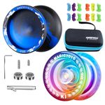 MAGICYOYO Yoyo Pack of 2 Yoyos Unresponsive Yoyo V10 and Responsive Yoyo K1, Plastic K1 Yoyo for Kids Beginners, V10 Metal Yoyo for Adults, with 12 Yoyo Strings, Yoyo Case Bag (Black Blue + Gradient)