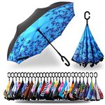 SIEPASA 40/49/56/62 Inch Inverted Reverse Upside Down Umbrella, Extra Large Double Canopy Vented Windproof Waterproof Stick Umbrellas with C-shape Handle.(Butterfly, 49 Inch)