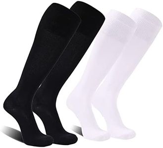 FOOTPLUS Soccer Socks, Unisex Over Knee High Solid Team Sports Volleyball Softball Baseball Homecoming Socks for Back to School,2 Pairs Black and White,Large