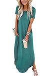 HAVANSIDY Women's Baggy Long Dress Short Sleeve Split Maxi Dresses with Pockets (1 Dark Green, XL)