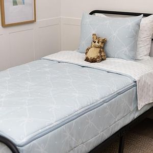 Beddy's Bow & Ribbon Themed Durable Zipper Bedding for Kids, Bed in a Bag, Baby Blue Comforter & White Pinstripe Sheets, Includes Pillowcase & Pillow Sham, Easy to Make & Wash