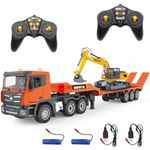 Fistone RC Semi Truck & Excavator Toy Set, 2.4Ghz Remote Control Flatbed Truck with Excavator Toys, 1:24 RC Semi-Trailer Engineering Tractor with Sound and Lights, Construction Vehicles Toy for Boys