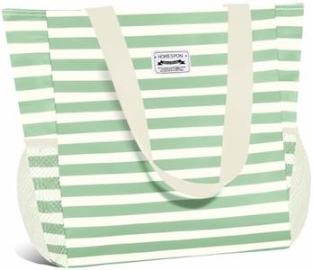Buringer Large Waterproof Beach Bag for Women Sandproof Tote Bag with Zipper and Pockets Pool Bag for Travel Gym Vacation (Green Stripes)