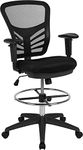 Flash Furniture Mid-Back Ergonomic Drafting Chair Chrome Foot Ring, Adjustable Arms, Foam Metal Plastic Engineered Wood, Black Mesh/Black Frame, Set of 1