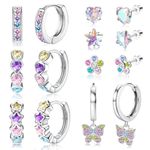 FIOROYAL 7 Pairs Hypoallergenic Silver Hoop Earrings for Girls Women Small Surgical Steel Earrings Cute Dangling Earrings Colorful CZ Screw Back Stud Earrings Set