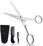 ONTAKI 5” German Beard Scissors & Mustache Scissors - 2 Combs (Beard Comb + Mustache Comb) with Carrying Pouch - Hand Forged Beard Trimming Scissors with Finger Rest (Silver (410C German Steel))