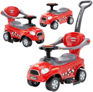 ChromeWheels 3 in 1 Ride on Push Car for Toddlers with Removable Handle/Guardrails/Pedal, Horn, Music, Under Seat Storage (Red)
