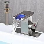 AVSIILE LED Bathroom Sink Faucet, Brushed Nickel Waterfall Single Hole Handle RV Bath Vanity Faucets for Sinks 1 Hole with Metal Pop Up Drain and 2 Water Supply Lines, Side Handle