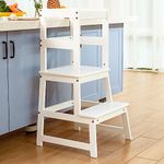 Kids Kitchen Step Stool for Kids with Safety Rail,Solid Wood Construction Toddler Learning Stool Tower, Montessori Toddlers Kitchen Stool (White)