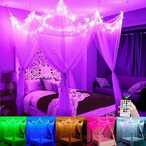 White Bed Canopy with Star Lights Girls Bedroom Christmas Decor, 8 Corners Post Hanging Princess Canopy Bed Curtains 100 LED Colors Changing String Lights Remote Control for Full Queen King Bed
