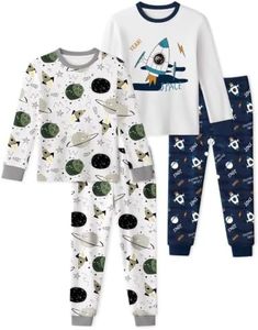 Yoofoss Toddler Pajamas 100% Organic Cotton 4 Piece Long Sleeve Fall Pajama Set Kids Pajamas for Boys Girls Snug Fit Pjs Set, Planet&Rocket, 3T