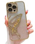 CINCH Silicone Designed For iPhone 14 Pro Max Cover With Glitter Cute Butterfly Electroplating Design Back Cover Case For Women Teen Girls (Gold)