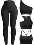 OQQ Womens 4 Piece Workout Outfits Ribbed Yoga High Waist Leggings with 3 Piece Crop Tops with Sports Bra Exercise Set, Black, Medium