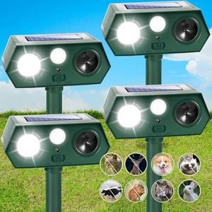 4 Pcs Solar Ultrasonic Animal Repellent 2024 Outdoor Cat Deterrent with Flash Light Motion Sensor to Keep Cat Deer Squirrel Raccoon Rabbit Skunk Coyote Dog Bunny Out of Yard Garden Farm