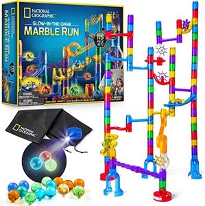 NATIONAL GEOGRAPHIC Glowing Marble Run 115 Piece Construction Set with 25 Glow in The Dark Glass Marbles, Storage Bag, Great Creative STEM Toy for Girls and Boys