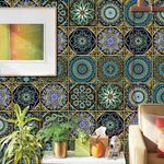 20pcs Mandala Tile Stickers Moroccan Kitchen Bathroom Wall Tile Stickers Peel and Stick on Tile Transfers Covers Decals Self Adhesive Vinyl Waterproof Teal Golden Mosaic Art (15cm x 15cm, 6x6 inches)