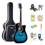 Rosen Solid Top Dreadnought Acoustic Guitar 41 Inches Spruce Guitar Beginner Bundle with Book, Padded Bag, Strings, Picks, Tuner, Hexwrench, Strap, Polishing Cloth, Blue