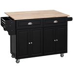 HOMCOM Rolling Kitchen Island with Drop Leaf, Solid Wood Top Breakfast Nook, Kitchen Cart on Wheels with Drawers, Cabinets and Adjustable Shelves (Black)