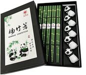 LANHUTHS Wooden Chopsticks Reusable 5 Pairs Gift Set with 5pcs porcelain rest Panda and Green Bamboo Design Hand-Made 8.8 Inch/22.5cm