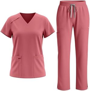Eadflie Scrubs Set for Women - Medical Uniform Sets with V-Neck Top & Straight Leg Pants, 9 Pockets, Slim Fit,Utility strap - (Dusty Rose Pink/XS)