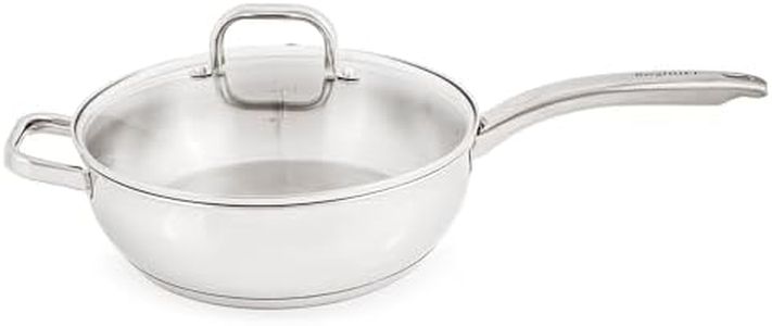 Berghoff Belly Shape 18/10 Stainless Steel 9.5 Inches Deep Skillet 3.2qt., Glass Lid, Fast, Evenly Heat, Induction Cooktop Ready