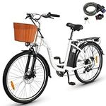 DYU Electric Bike, 26 Inch Smart Electric Bicycle with Shimano 6 Speed Shifting, 12.5Ah 36V Removable Battery, City Urben E-Bike with Basket, Adjustable Seat Height, Unisex Adults