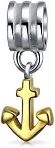Two Tone Nautical Vacation Boat Anchor Dangle Charm Bead For Women Teen Gold Plated .925 Sterling Silver Fits European Bracelet
