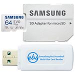 Samsung Evo Plus 64GB Micro SDXC Memory Card Class 10 (MB-MC64KA) Works with Android Galaxy Cell Phones A10e, A10s, A30s, A50s, A90 5G Bundle with (1) Everything But Stromboli MicroSD & SD Card Reader