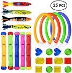 25pcs Underwater Swimming/Diving Pool Sets, Diving Rings(4pcs), Diving Sticks (5pcs), Toypedo Bandits(4Pcs) with Under Water Treasures (12Pcs) for Pool Sinking Swimming Game Underwater Training Play