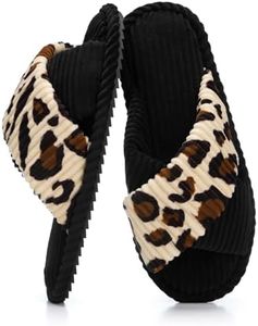 GOEWY House Slippers for Women Fuzzy Womens Slippers Indoor Outdoor Open Toe With Cross Band Corduroy Memory Foam Warm Gifts for Woman Size 11 12 Leopard Black