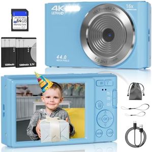 Digital Camera, FHD 4K 44MP Kids Digital Camera, 16X Digital Zoom, Digital Point and Shoot Camera with 3-LED Fill Lights, 64GB SD Card, Compact Camera for Kids Teen Boys Girls, Blue