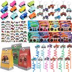 Monster Truck Party Favors Serve 12 including Drinking Straws, Mini Pull Cars, Keychains, Gift Bags, DIY Stickers, Temporary Tattoos, Monster Truck Party Supplies for Kids, Boys, Birthday